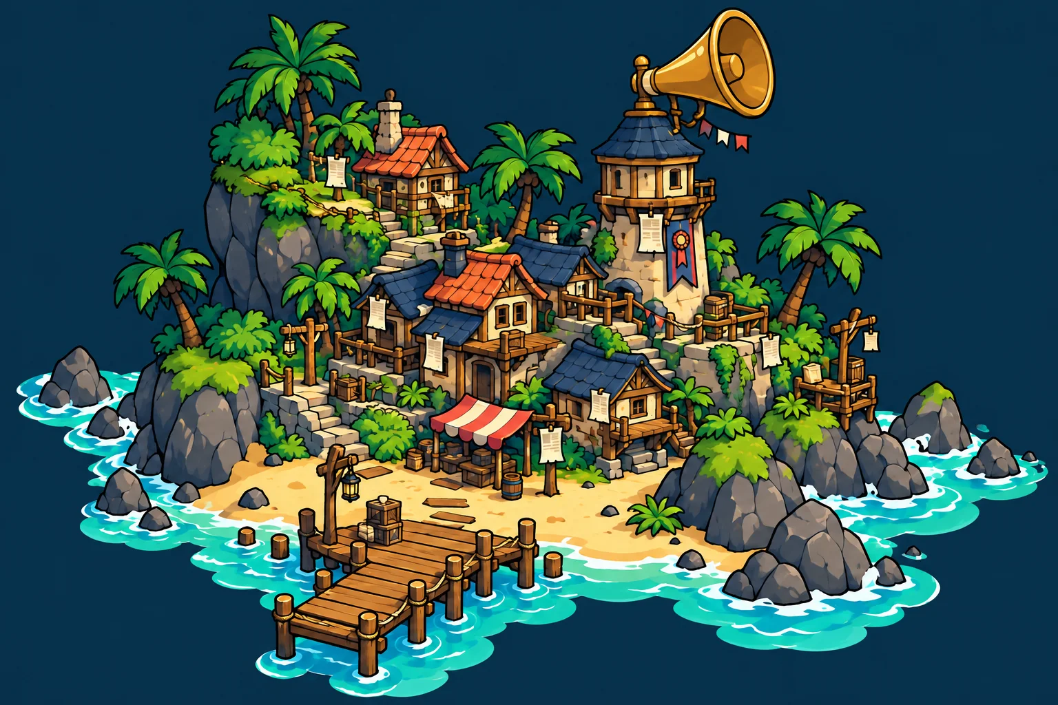 Une île tropicale où un village et sa tour diffusent les rumeurs.