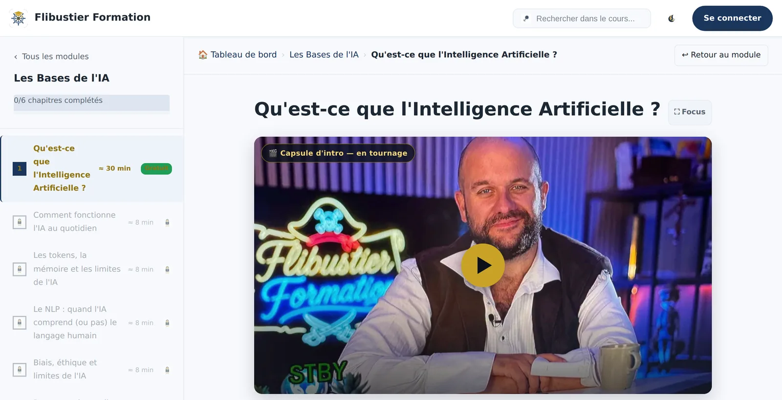 Capture réelle : un chapitre du cours IA, avec la zone vidéo d'introduction en tête
