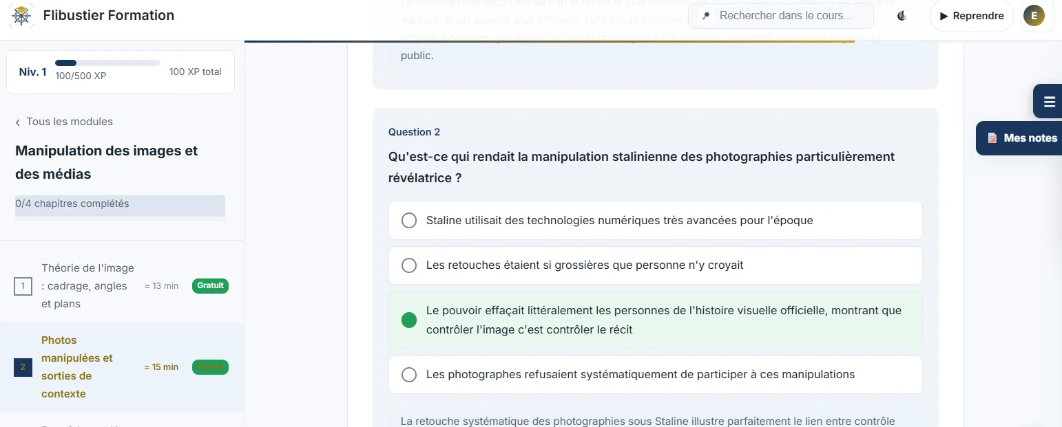 Capture réelle : un quiz du chapitre sur la manipulation des images, question à choix multiple