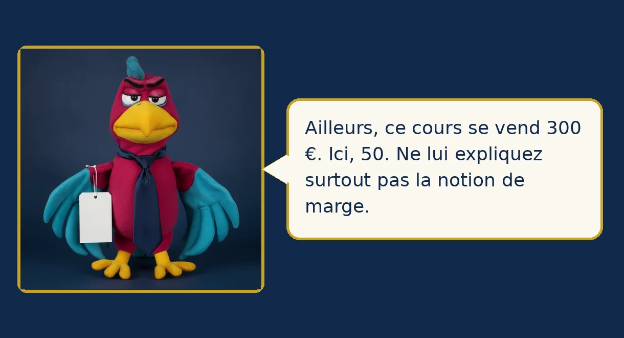 Merlin, du haut de son perchoir : Ailleurs, ce cours se vend 300 €. Ici, 50. Ne lui expliquez surtout pas la notion de marge.