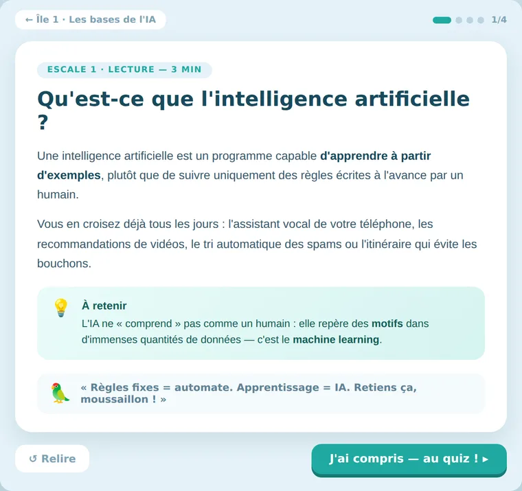 Écran leçon du mode aventure